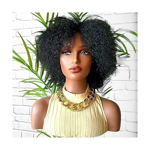 Perruque Afro Femme Naturelle avec Frange Court Kinky Curly Hair Wigs Human Hair Bresilienne Remy Hair 180% Densité Curly Pou