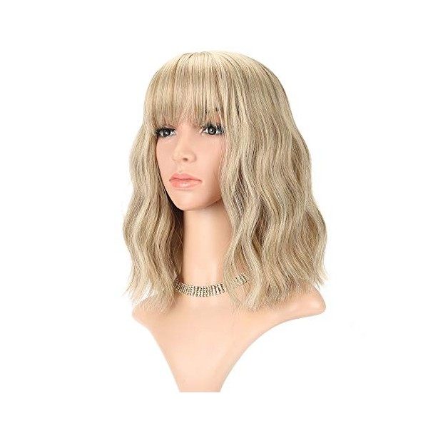 FAELBATY Perruque Blonde Vague Lâche Court Bob Perruques avec Frange Longueur dÉpaule Perruque pour Femme Perruque Cosplay S