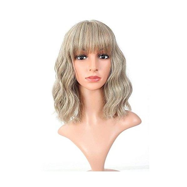 FAELBATY Perruque Blonde Vague Lâche Court Bob Perruques avec Frange Longueur dÉpaule Perruque pour Femme Perruque Cosplay S