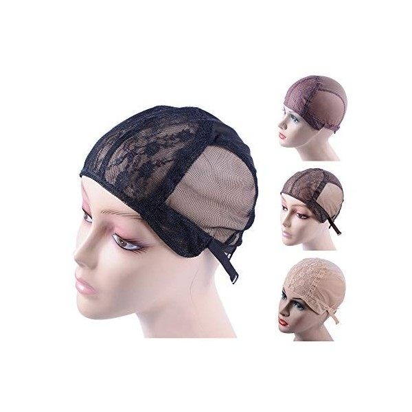 Bonnet de perruque Wig Cap en dentelle double pour faire des perruques avec des sangles réglables dans le dos Noir M 54cm 