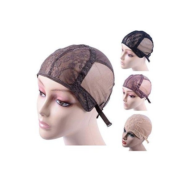 Bonnet de perruque Wig Cap en dentelle double pour faire des perruques avec des sangles réglables dans le dos Noir M 54cm 