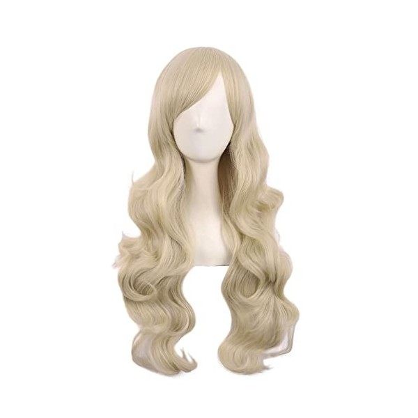 MapofBeauty 28 Pouces/70 cm Haut-température fibre Side Frange Longue Vague Bouclé Cheveux Cosplay Perruques Blond 