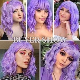Perruque Femme Naturelle violettes Ondulé avec frange, Wigs Perruques de Séparation Moyenne Synthétique Perruques Femmes Chev
