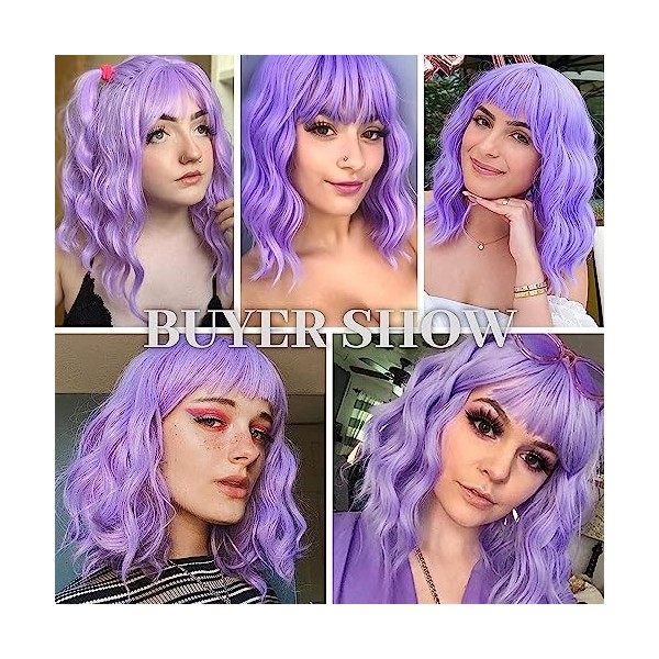 Perruque Femme Naturelle violettes Ondulé avec frange, Wigs Perruques de Séparation Moyenne Synthétique Perruques Femmes Chev