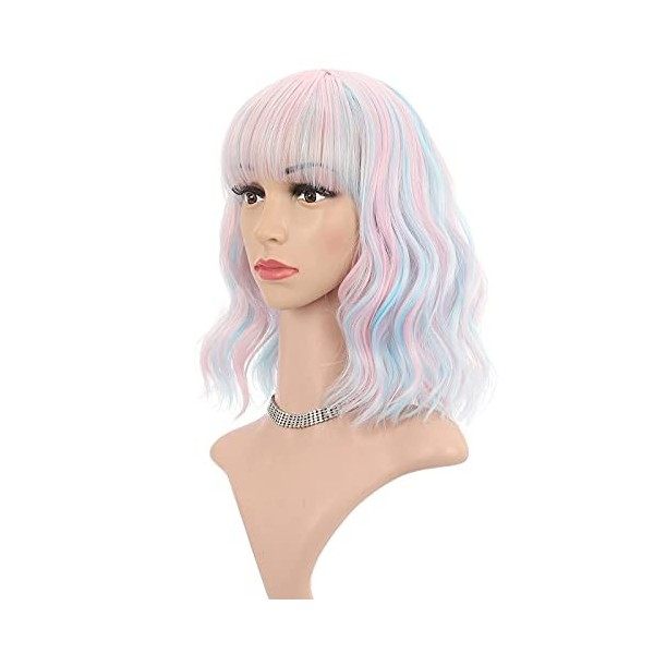 FAELBATY Mix Rose Wave Bob Perruques avec Frange Synthétique Cosplay Perruque pour Fille Longueur dépaule Perruque pour Femm