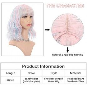FAELBATY Mix Rose Wave Bob Perruques avec Frange Synthétique Cosplay Perruque pour Fille Longueur dépaule Perruque pour Femm