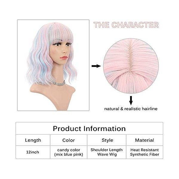 FAELBATY Mix Rose Wave Bob Perruques avec Frange Synthétique Cosplay Perruque pour Fille Longueur dépaule Perruque pour Femm