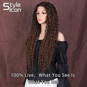 Style Icon Perruque synthétique bouclée avec dentelle frontale pour femme avec cheveux de bébé raie au milieu Fibre résistant