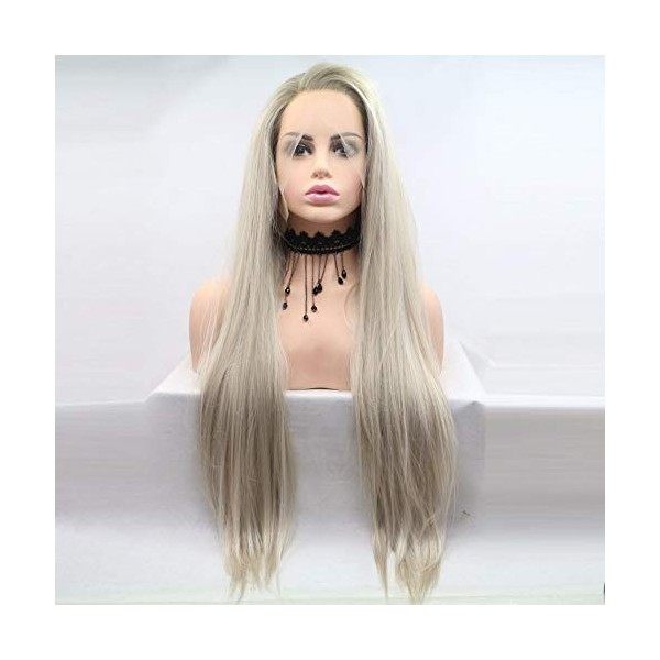 Xiweiy Perruque lace front avec pointes blondes platine, cheveux longs ondulés brun/blond sur le côté, fibre résistante à la 