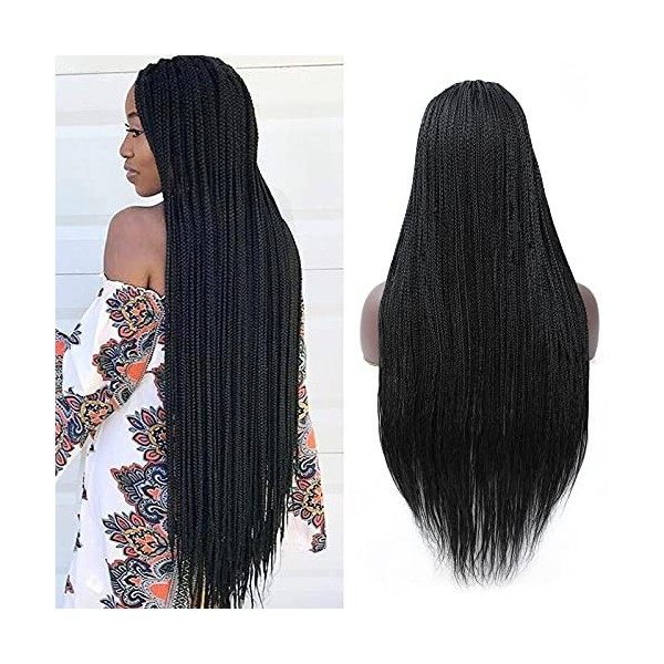 ROSEBONY Boîte Tressée Perruques pour Femmes Noires 75cm Longues Micro Tresses Noire Perruques avec Frange Fibre Synthétique 