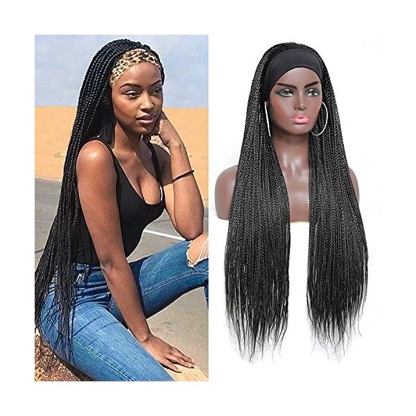 ROSEBONY Boîte Tressée Perruques pour Femmes Noires 75cm Longues Micro Tresses Noire Perruques avec Frange Fibre Synthétique 