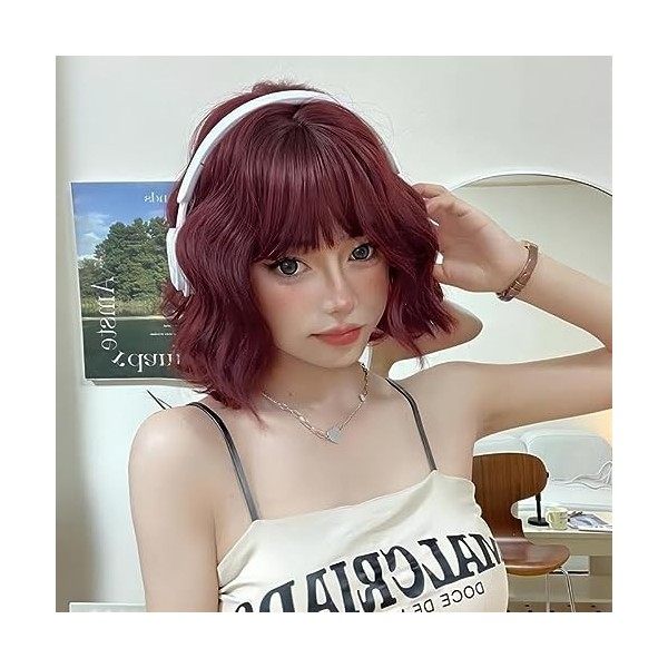 LEMEIZ Red Wigs with Fringe, Red Synthetic Wig for Women, Short Curly Synthetic Wig with Fringe, Short Curly Wig 10 inch LEME