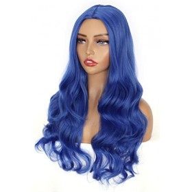 colorful panda Perruques de cheveux longs naturels ondulés bouclés bleu avec raie centrale résistante à la chaleur pour un us