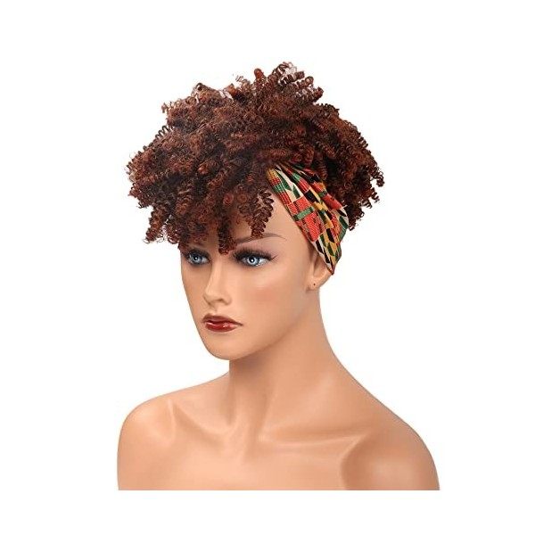 Perruque afro courte afro bouclée pour femme noire, perruque synthétique 2 en 1 afro bouffante perruque turban perruque échar