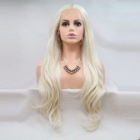 Xiweiya Perruque synthétique ondulée de 61 cm de long blond platine avec dentelle frontale, raie au milieu, cheveux naturels,