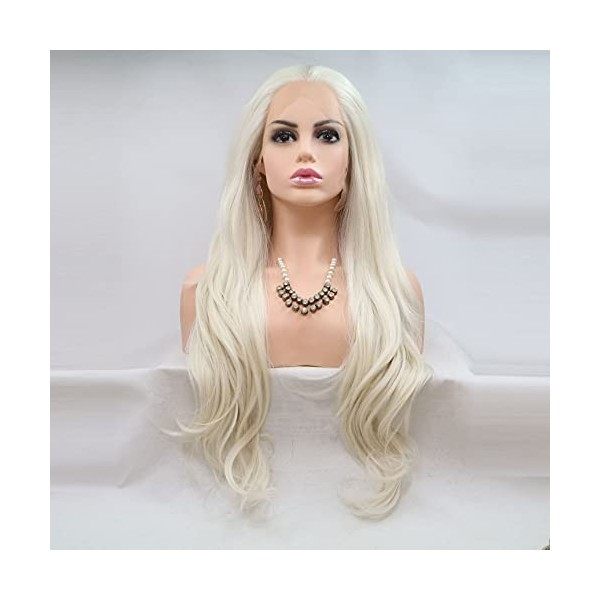 Xiweiya Perruque synthétique ondulée de 61 cm de long blond platine avec dentelle frontale, raie au milieu, cheveux naturels,