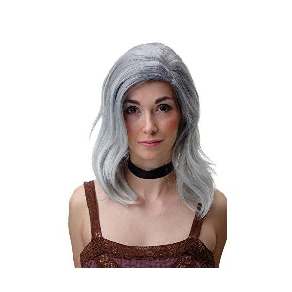 WIG ME UP - SA083-333 Perruque dame sexy sauvage raie hauteur dépaules légèrement ondulée mélange gris-bleu