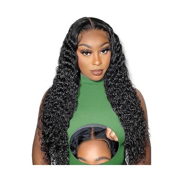 Perruque Femme Naturelle Brésilien 5x5 Deep Wave Glueless Wig Human Hair, 180% Densité Perruque Cheveux Humain De Couleur Noi