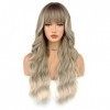 FAELBATY Long Curly Wig Blonde Wig with Bangs Ombre Brown to Blonde Wig Long Curly Wigs for Women Synthetic Wig Natural Curly