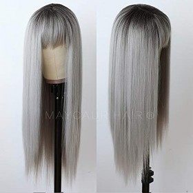 Maycaur Grey Color Synthetic Hair Wigs with Full Bangs Black Gray Ombre Color Long Straight Womens Wig Heat Resistant Hair S