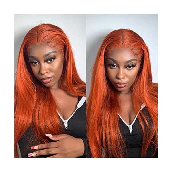 DUAUJUIU Perruque Bresilienne pour Femme Perruque Orange Gingembre Lisse Naturelle Densité 130% Full Head 4x4 Lace Front Wig 