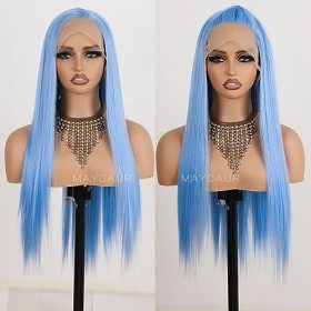 Maycaur Light Blue ace Front Wigs Long Straight Hair 22 Inch Wigs for Fahison Women Synthetic Lace Front Wigs with Natural Ha