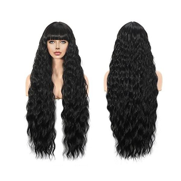 Noire Perruque pour Femme 76 cm Longue Naturelle Ondulés Bouclés Synthétiques Perruque avec Fringe, Long Black Wave Synthetic