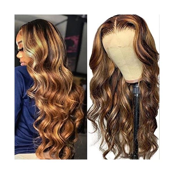 Perruque 13x4 Lace Front Perruque 180% Density Body Wave Miel Blond Ombre 4/27 Couleur Highlight Lace Front Wig Brésiliennes 