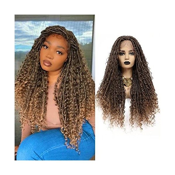 SOKU Lace Front Faux Locs Perruque Tressée 72cm Dentelle Suisse Ombre Brun Mixte Bohemian Cheveux Bouclés Synthétique Crochet