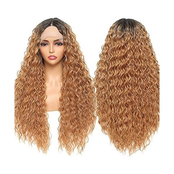 Sylhair Curly Lace Front Wig pour femmes noires 30" Dark Root Ombre Red Brown Perruque synthétique cheveux longs ondulés dea