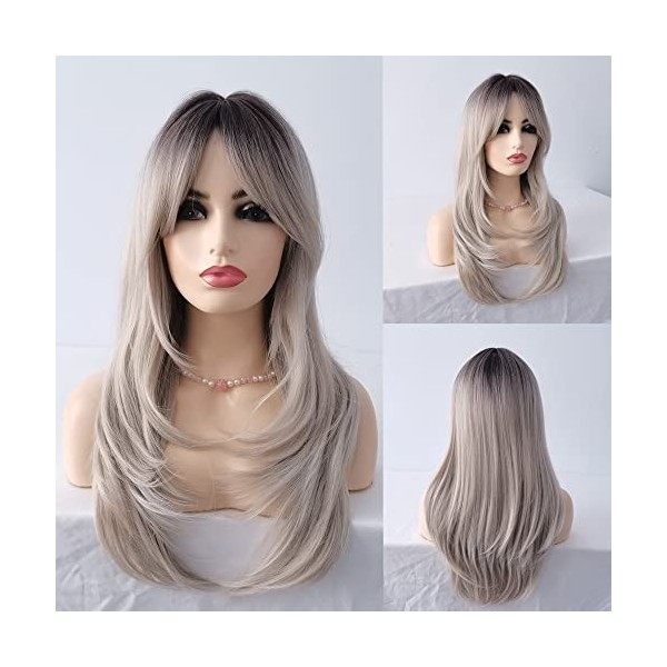 Sylhair 26 pouces/66cm perruque blonde avec frange longue ombre blonde perruque ondulée pour les femmes perruque de cheveux s