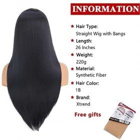 Xtrend 26 pouces noir perruques longues droites avec frange pour les femmes Costume usage quotidien perruque synthétique natu