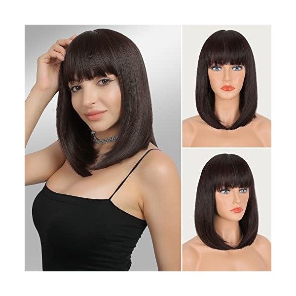 FESHFEN Brun Clair Courte Perruque avec Frange Lisse Perruques Naturelle Synthétique Longue Perruques pour Femmes 35cm