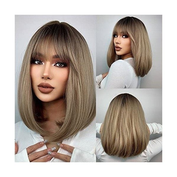 Emmor ombre blonde bob perruque pour femme avec franges courtes perruques remplacement synthétique résistant à la chaleur