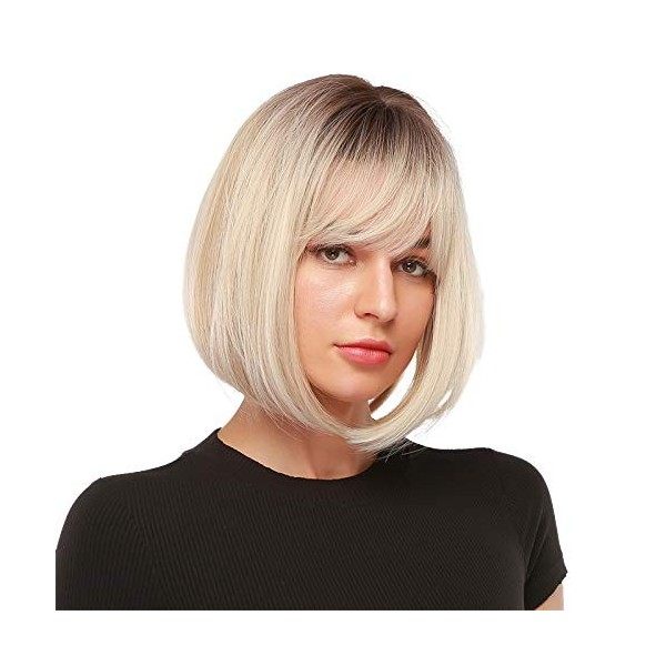 Emmor ombre blonde bob perruque pour femme avec franges courtes perruques remplacement synthétique résistant à la chaleur