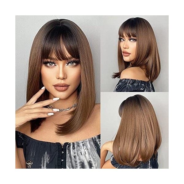 Emmor ombre blonde bob perruque pour femme avec franges courtes perruques remplacement synthétique résistant à la chaleur