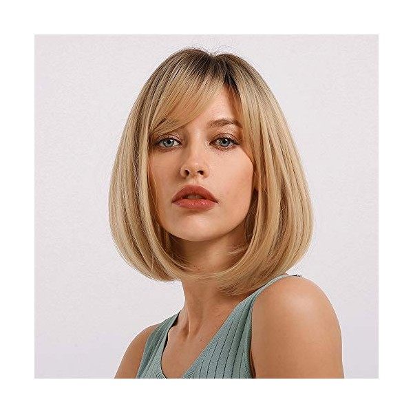 Emmor ombre blonde bob perruque pour femme avec franges courtes perruques remplacement synthétique résistant à la chaleur