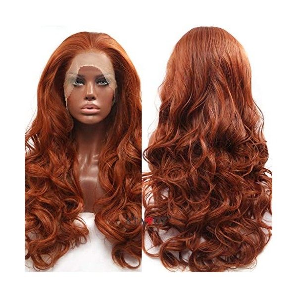 ATAYOU® Perruque Lace Front Longue Auburn Gingembre Cuivre Rouge-ATAYOU Perruque Naturelle Ondulée Sans Colle Avant En Dentel