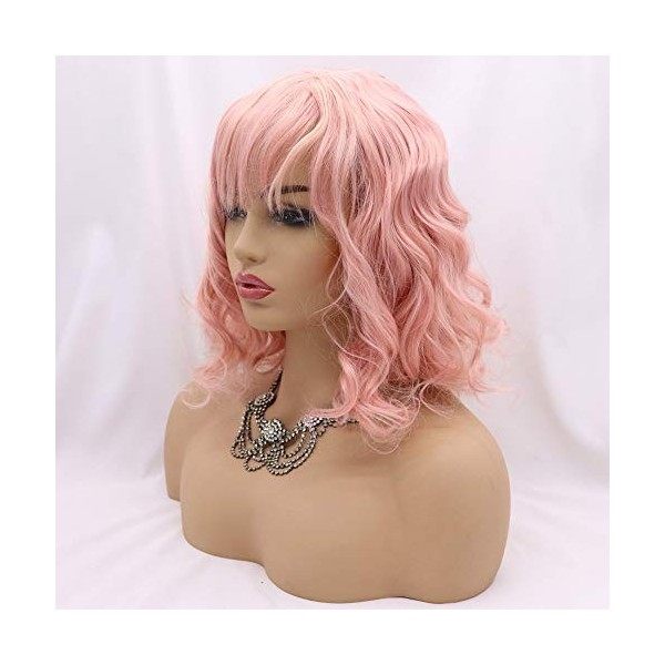 Xiweiya Perruque courte bouclée avec frange dair - Cheveux roses pastel - Cheveux synthétiques ondulés - Fibre résistante à 