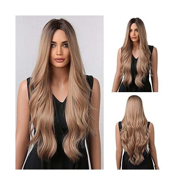 Esmee Perruques Cheveux Synthétiques Longs Ondulés Gris Argenté pour Femmes Perruque Ombre avec Racines Foncées pour la Fête 