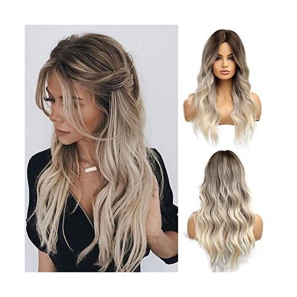 Esmee Perruques Cheveux Synthétiques Longs Ondulés Gris Argenté pour Femmes Perruque Ombre avec Racines Foncées pour la Fête 