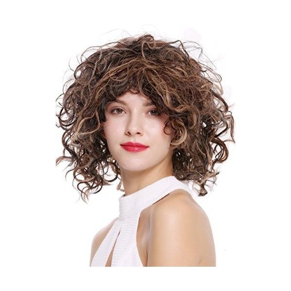 WIG ME UP - DW-2698-2BH30 Perruque dame courte hauteur dépaules bouclée sauvage volumineuse brun châtain mèches brun foncé