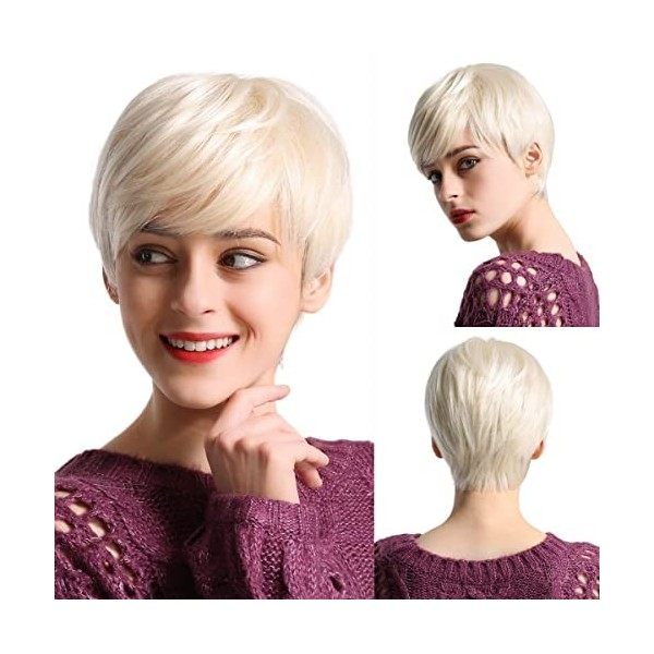 EMMOR Perruques Courtes en Cheveux Humains Bruns pour Femmes Mélange de Fibres à Mémoire Saine Perruque Pixie Bouclée avec Fr