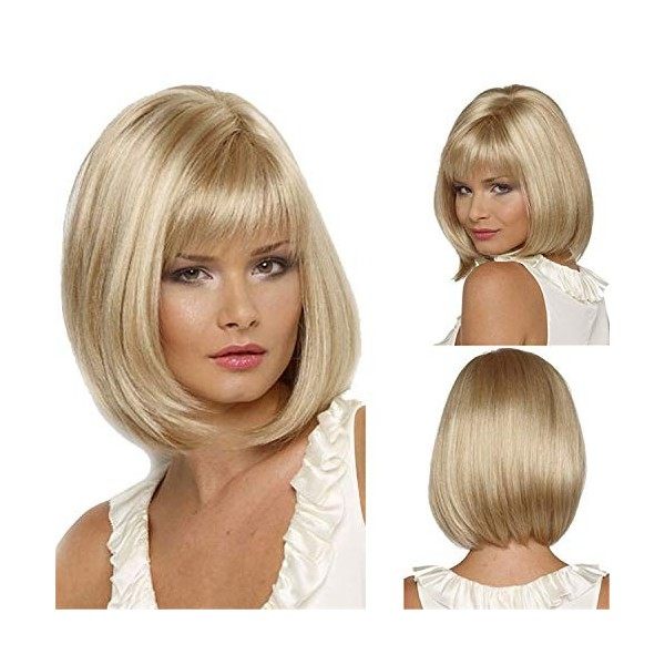 UOMOGO Perruque blonde courte - Perruque pour femme - Cheveux synthétiques - Coupe courte - Cheveux raides - Blond - Identiqu