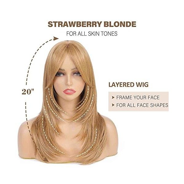 SOKU Honey Blonde Perruque Lisse Naturelle pour Femme Synthétique Layered 20 Pouces Perruques Résistantes à la Chaleur avec F