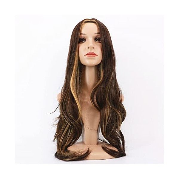 Kabxhueo Perruques de Cheveux Naturel Longs Bouclés pour Les Femmes Couleur Ombrée Brun Synthétique Partie Moyenne Perruque D