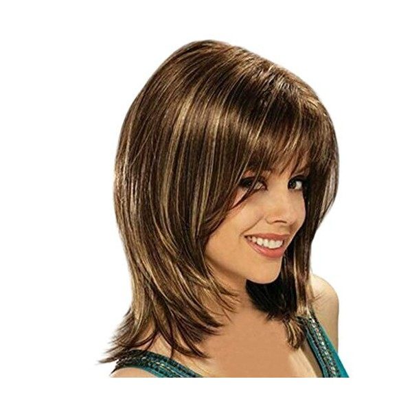 Perruque Femme Naturelle Cheveux Mi-Long Micro-Volume SynthéTiques Wig Sexy Mode Chic Postiches BoucléS Marron 