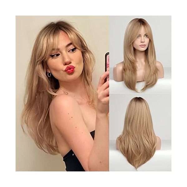 Haircube - Perruque de cheveux synthétiques longs blonds avec racines foncées pour femme