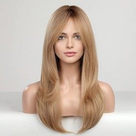 Haircube - Perruque de cheveux synthétiques longs blonds avec racines foncées pour femme