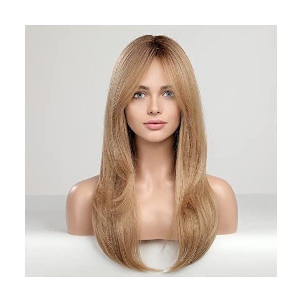 Haircube - Perruque de cheveux synthétiques longs blonds avec racines foncées pour femme